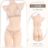 ◆Chain three-piece◆Silver [Bra + Thong] + Black open-crotch bodysuit stockings