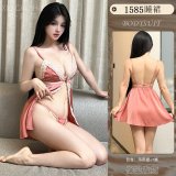 [Coral Pink] Open-front sundress + thong + black stockings