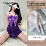 0803 [Breast Support] Dark Purple Butterfly Nightgown + Panties + White Stockings