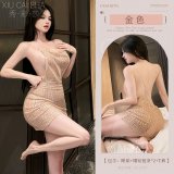Gold mini skirt + black fishnet stockings