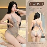 Grey bodysuit + black fishnet stockings