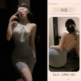 Gray bodycon skirt + thong pants + gray open-crotch stockings + eye mask