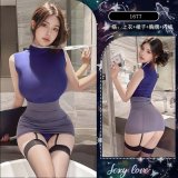 Dark gray [top + skirt + name tag + thong] + fishnet stockings