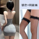 Gray and silver lace-trimmed 3D fishnet stockings