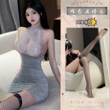 Gray and silver suit + black fishnet stockings