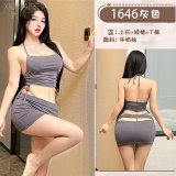 [Gray] Top + Pencil Skirt + T-shirt + Black Fishnet Stockings