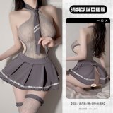 Grey slit dress + thong + tie + stockings