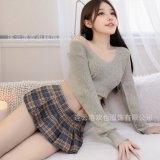Gray sweater + gray plaid skirt