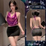 ◆Abstinent Secretary-General◆ Purple + Black [Top + Bodycon Skirt + Thong] + Open Crotch Stockings
