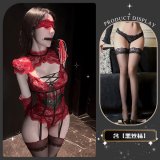 Red and black stockings, blindfold, and gloves