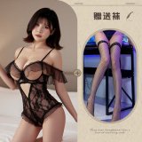 Black lace bodysuit + black fishnet stockings