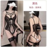 Lace cutout bodysuit + black lace stockings
