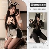[Lace Temptation 2-Piece Set] Bunny Ear Maid (Stockings Included) + Open Crotch Bodysuit