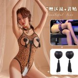 Leopard print + black tassel nipple covers + black stockings