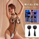 Leopard print + black tassel nipple covers + black fishnet stockings