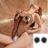 Leopard print + lace nipple covers + black open-crotch stockings