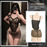 Leopard print brown [Hidden button crotchless bodysuit + tie-waist skirt]