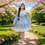 Sky blue long-sleeved Lolita dress + free teddy bear bow + free headband