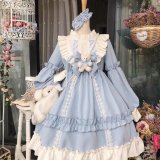 Sky blue long-sleeved Lolita dress + free teddy bear bow