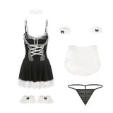 Maid outfit with skinny frame and black fishnet stockings