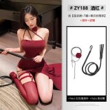 NY1SYT005580◆Scarlet Rose◆Wine Red【Dress + T-shirt + Single Stocking】+Red Necklace + Black Leather Whip