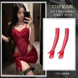 NY1SYT006018 Retro Red [Hidden Button Open Crotch Bodysuit + Tie Skirt] + Red Gloves