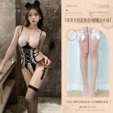 (One-piece open-crotch bodysuit + white bow-tie stockings)