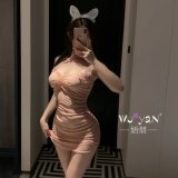 Pink nightgown + thong + black open-crotch stockings