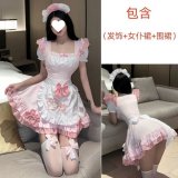 Pink [hair accessory + maid dress + apron] + white garter stockings