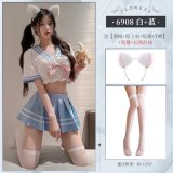 ◆Pure Love School Beauty◆ White + Blue [Bow Tie + Short Top + Short Skirt + Thong] + White Headband + White Stockings