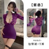 Purple dress + thong + black stockings
