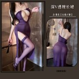 Purple floral print dress with exposed breasts + thong pants + purple stockings