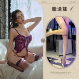 Purple and white fishnet stockings
