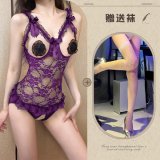 Purple and white fishnet stockings