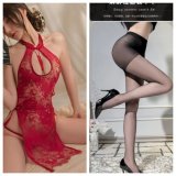 Burgundy cheongsam + black open-crotch stockings