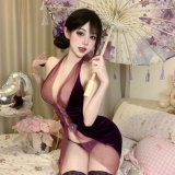 Purple [cheongsam + T-shirt + white fishnet stockings]