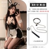 Bunny-eared maid (with stockings) + neck collar leash (black)