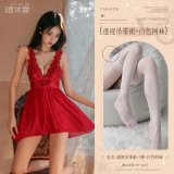 Red (back-slit halter dress + thong + lace fishnet stockings)