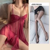 Burgundy suit + black open-crotch stockings