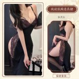 Red and black [lace maxi dress + thong pants] with black stockings