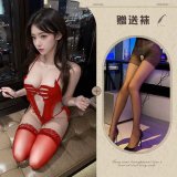 Burgundy and black open-crotch stockings