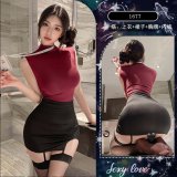 Red and black [top + skirt + name tag + thong] + fishnet stockings