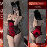 Red bodysuit + black glossy open-crotch socks