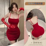 Red bodycon skirt + gloves + red garter stockings