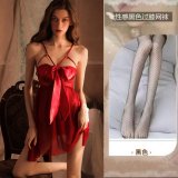 0803 [Breast Support] Red Butterfly Nightgown + Panties + Black Fishnet Stockings