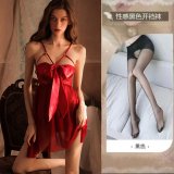 [Breast Support] Red butterfly nightgown + panties + black open-crotch stockings