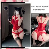 Red vest [with bra padding, underwire, garter belt, and panties] + stockings