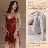 Burgundy (eyelash lace slip dress + thong + lace fishnet stockings)