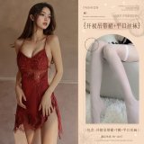 Burgundy (eyelash lace slip dress + thong + boxer stockings)