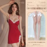 Burgundy (deep V-neck slip dress + thong + bow-tie stockings)